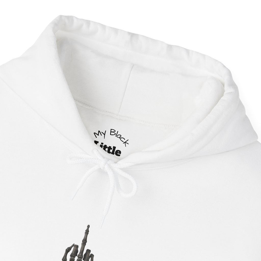 Hoodie — Minimal Skeleton Hand Middle Finger Graphic with Script Sleeve