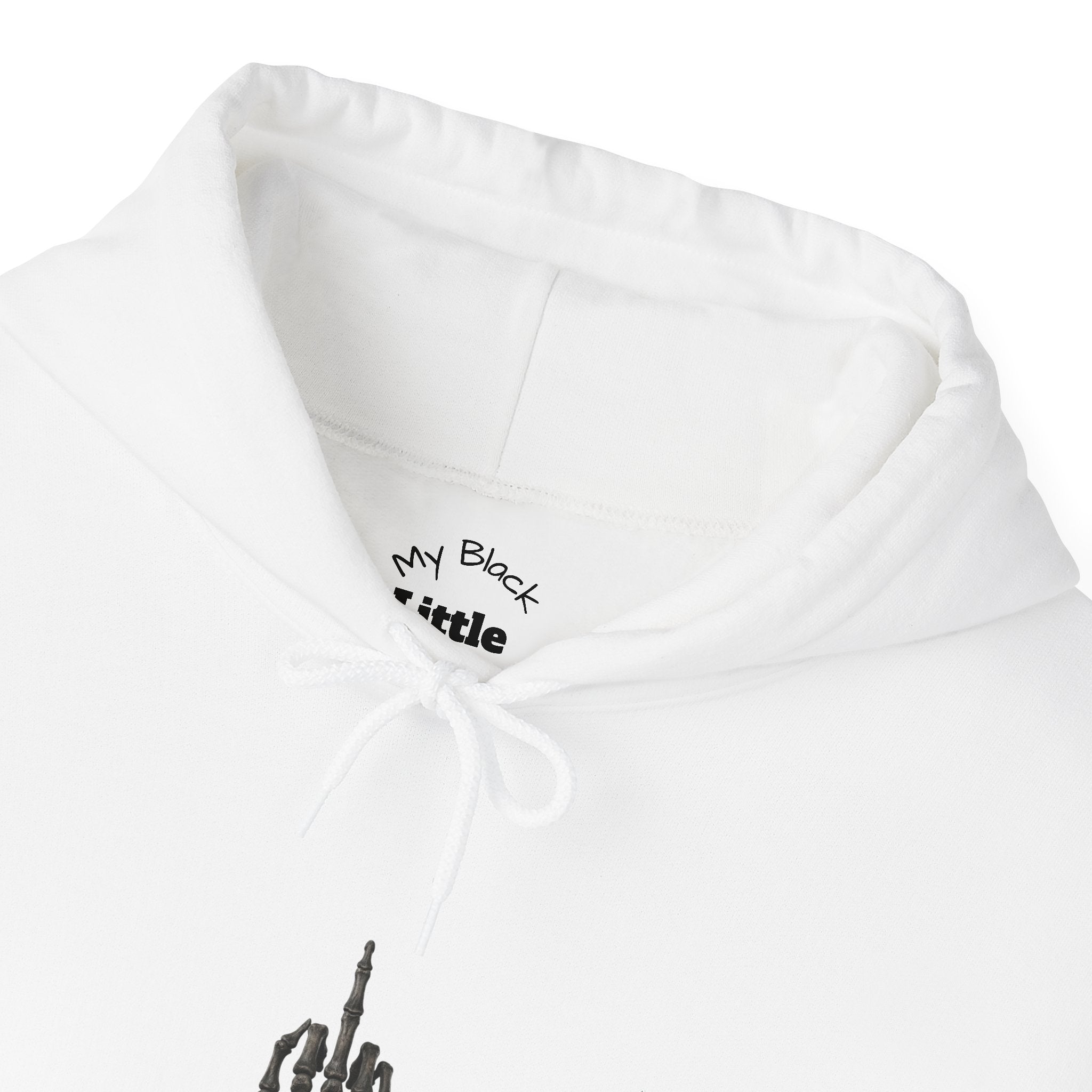Hoodie — Minimal Skeleton Hand Middle Finger Graphic with Script Sleeve