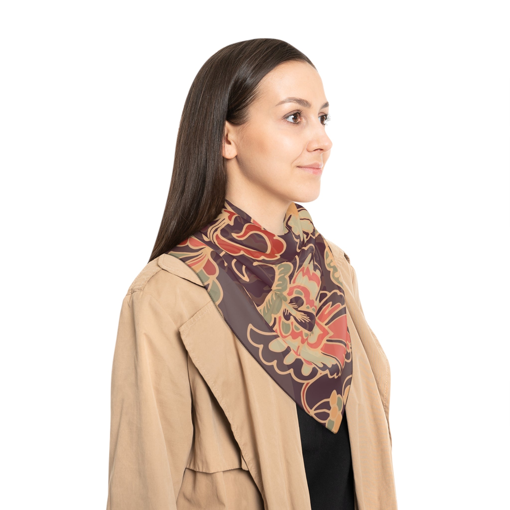 Floral Vintage Silk-Feel Scarf – Earthy Floral Pattern Poly Scarf