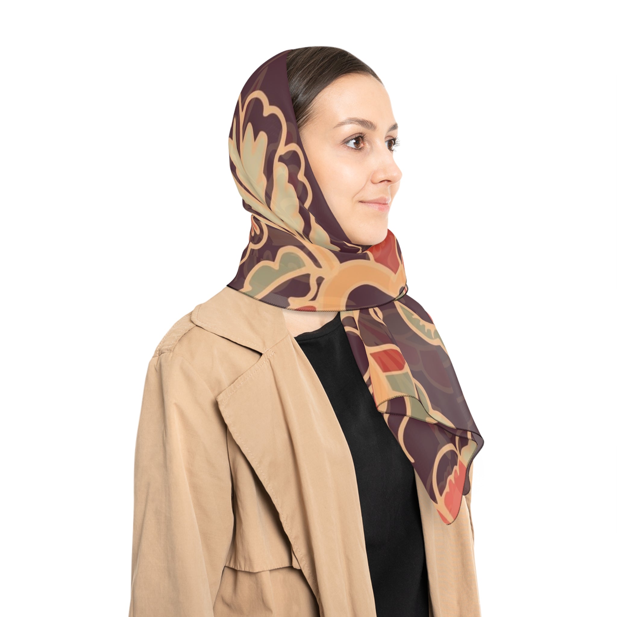 Floral Vintage Silk-Feel Scarf – Earthy Floral Pattern Poly Scarf