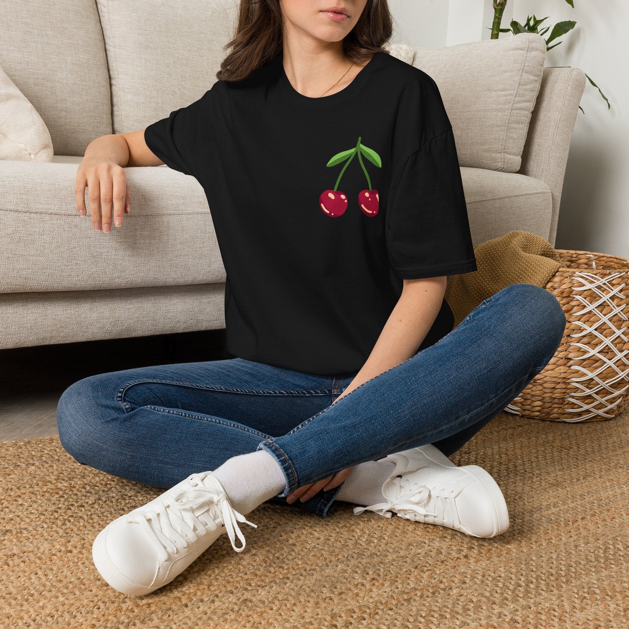 Cherry Graphic T-Shirt — Cute Minimalist Fruit Pocket Tee