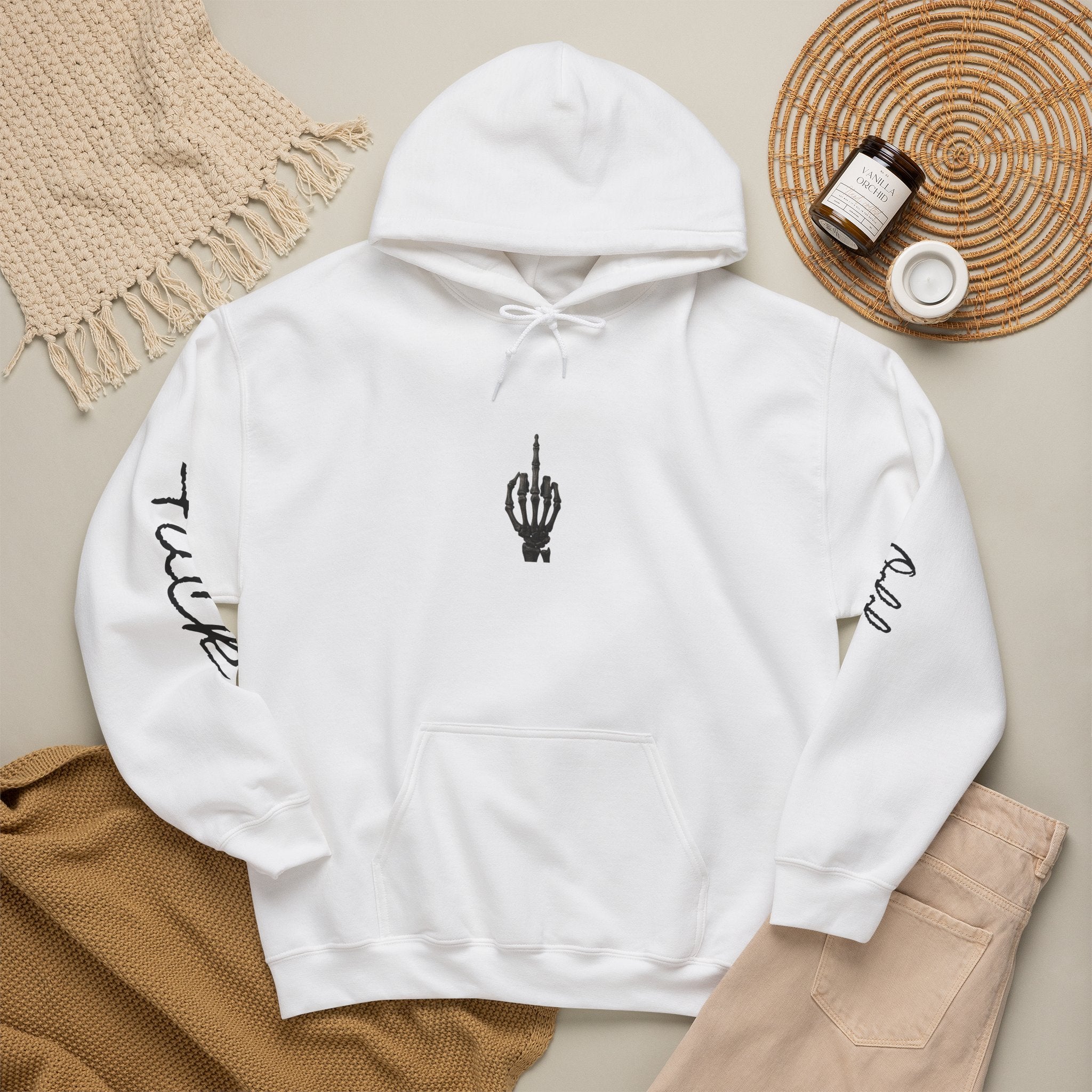 Hoodie — Minimal Skeleton Hand Middle Finger Graphic with Script Sleeve