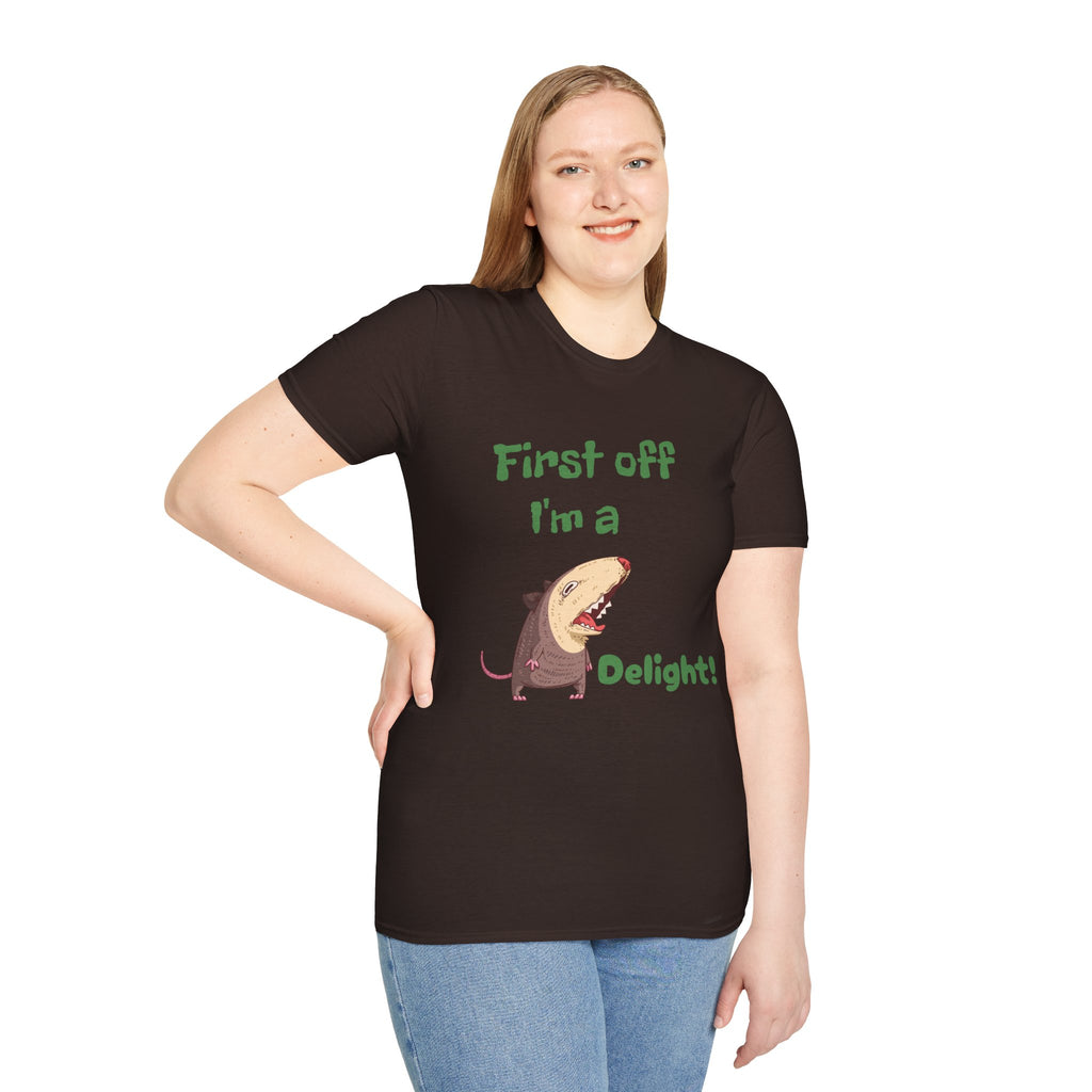 Funny Shark Tee — "First off I'm a Delight" Graphic T-Shirt