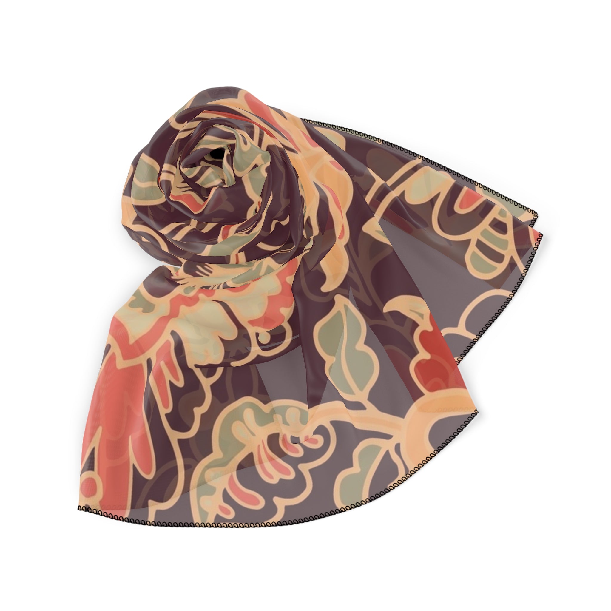 Floral Vintage Silk-Feel Scarf – Earthy Floral Pattern Poly Scarf