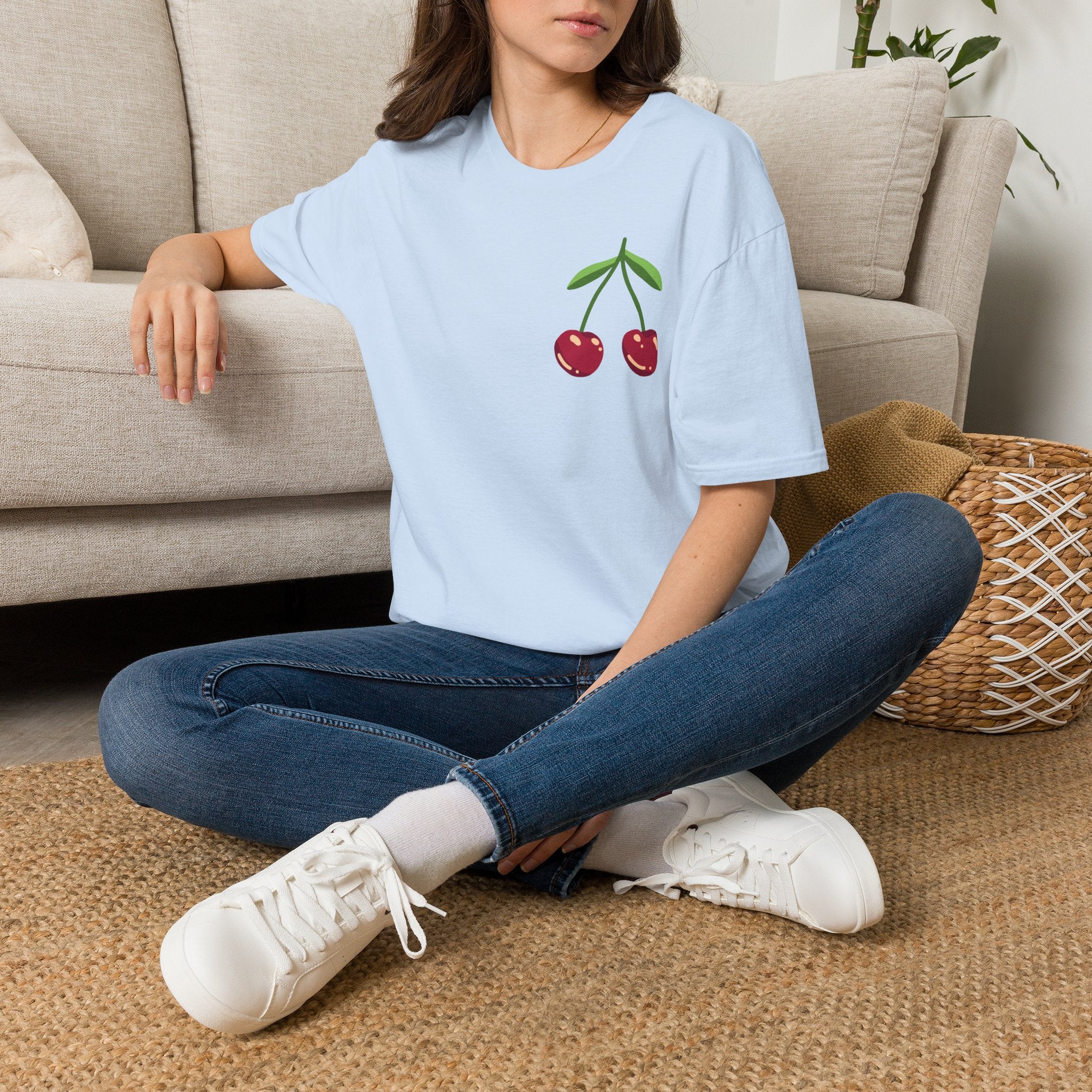 Cherry Graphic T-Shirt — Cute Minimalist Fruit Pocket Tee