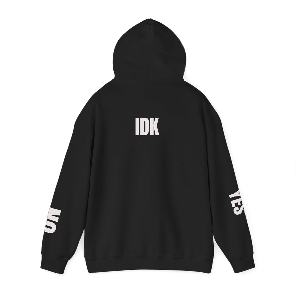 Maybe / IDK Graphic Hoodie — 'MAYBE' Front with 'IDK' Back and 'YES/NO' Sleeve Text
