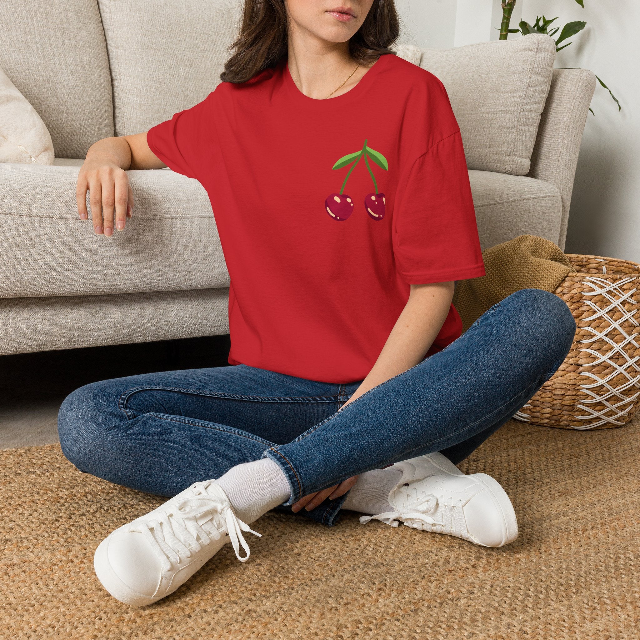 Cherry Graphic T-Shirt — Cute Minimalist Fruit Pocket Tee