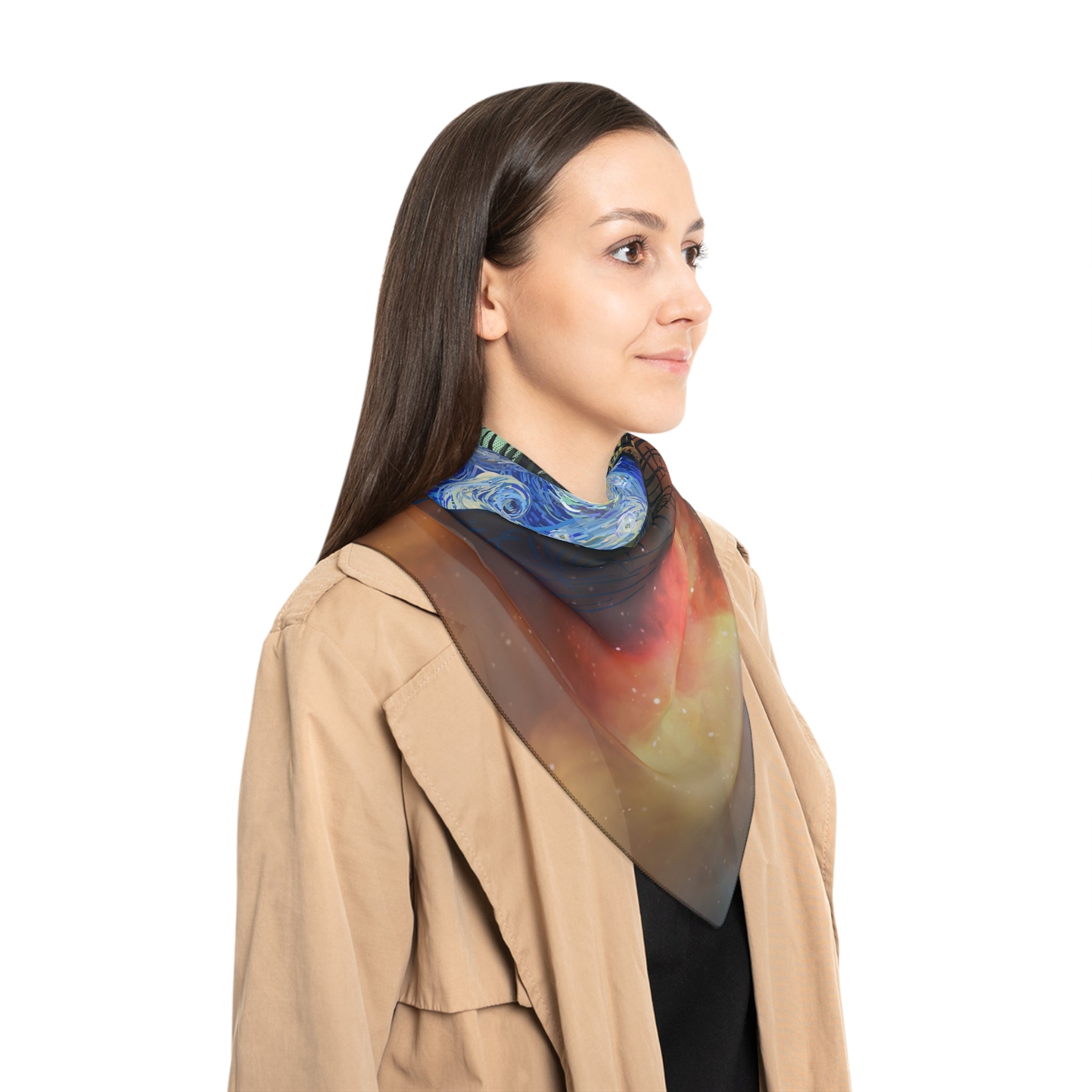 Starry Eye Poly Scarf — Artistic Galaxy Print Silk-Like Accessory