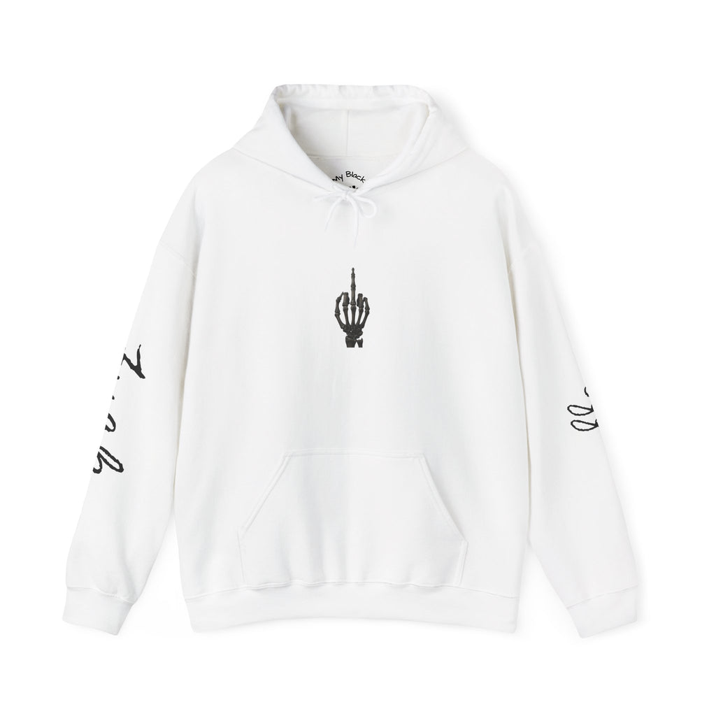 Hoodie — Minimal Skeleton Hand Middle Finger Graphic with Script Sleeve