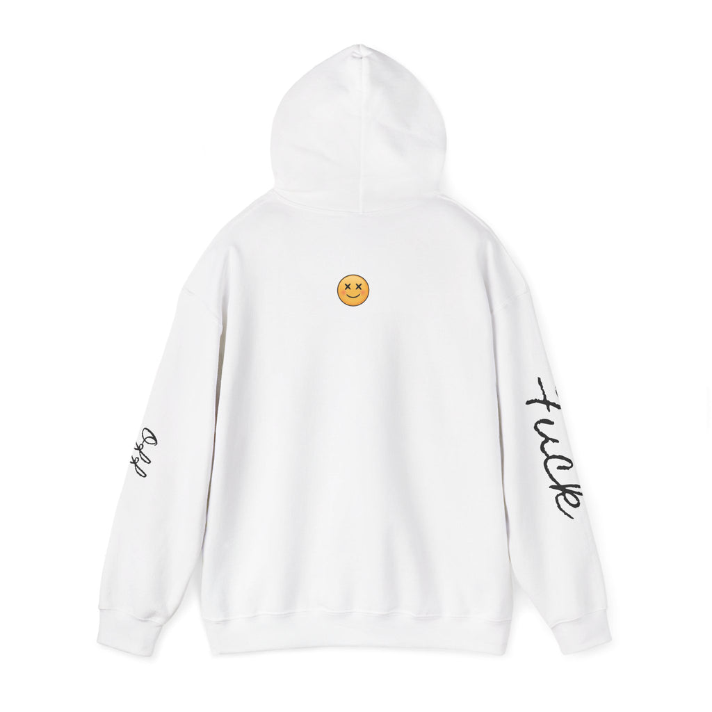 Hoodie — Minimal Skeleton Hand Middle Finger Graphic with Script Sleeve