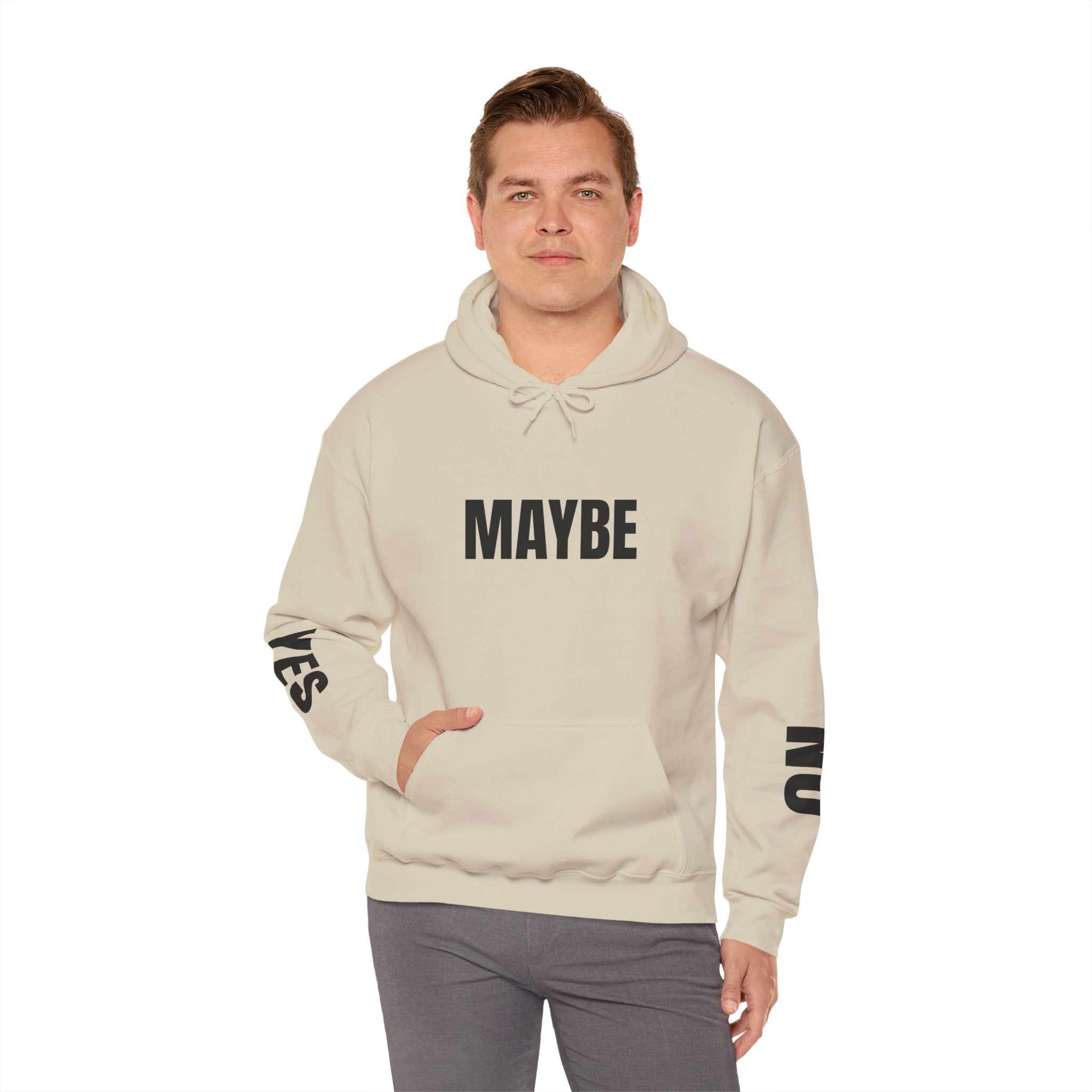 Maybe / IDK Graphic Hoodie — 'MAYBE' Front with 'IDK' Back and 'YES/NO' Sleeve Text