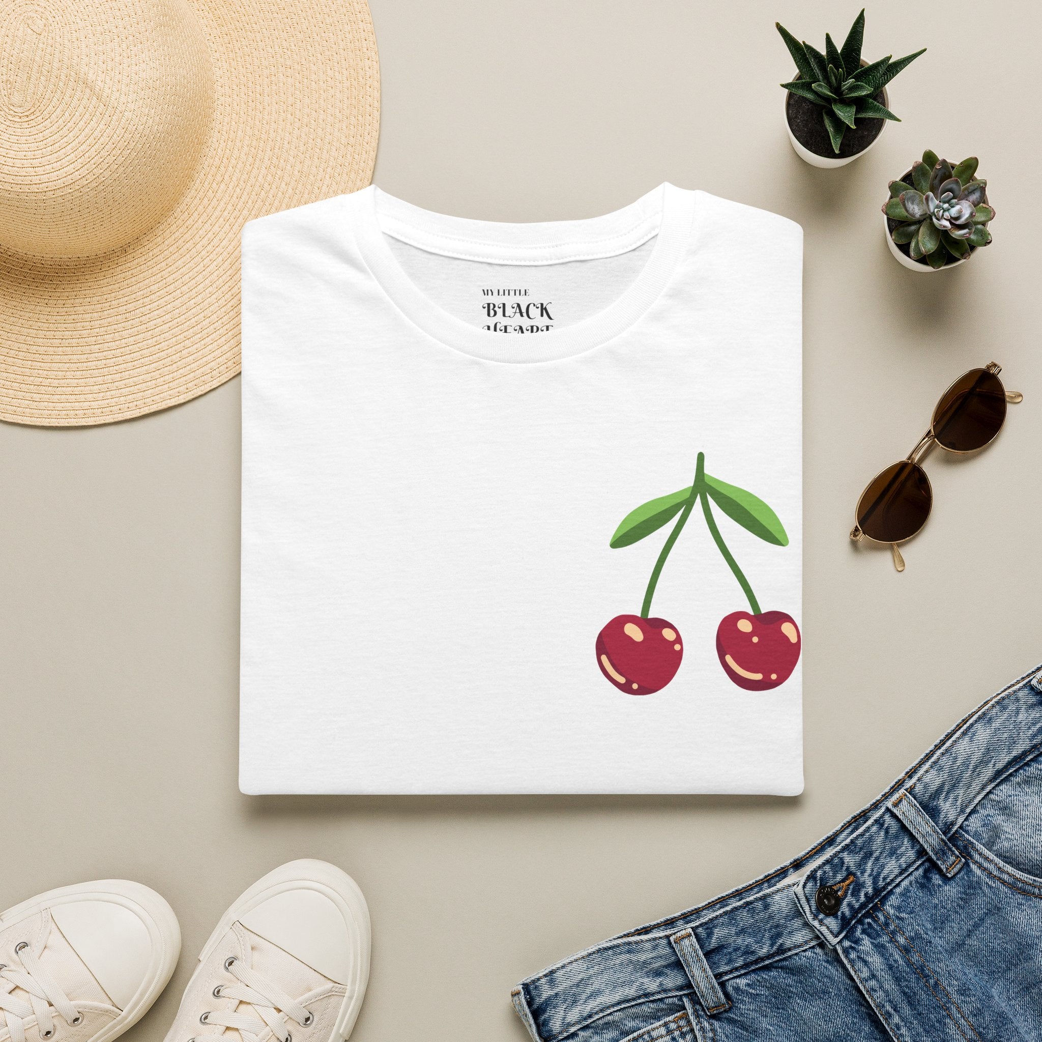 Cherry Graphic T-Shirt — Cute Minimalist Fruit Pocket Tee