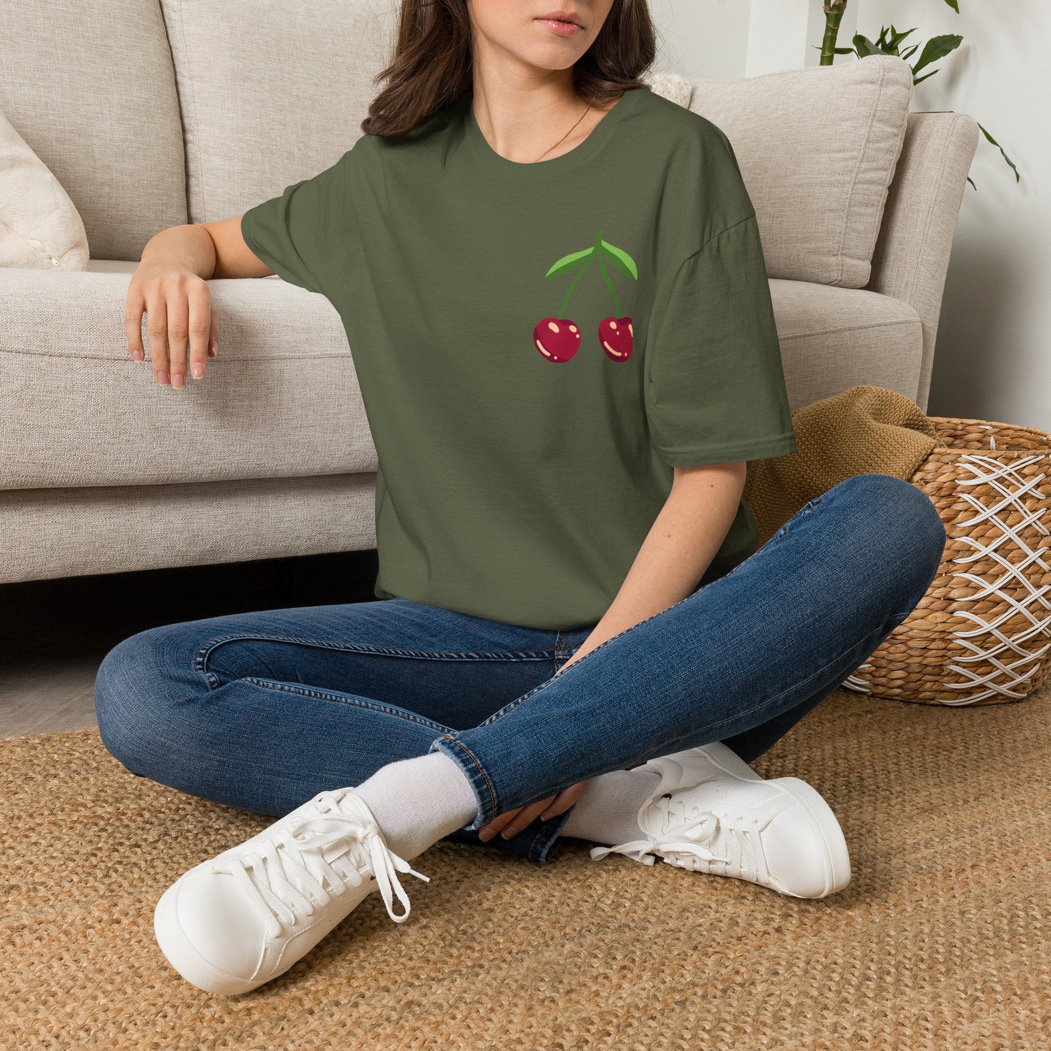 Cherry Graphic T-Shirt — Cute Minimalist Fruit Pocket Tee