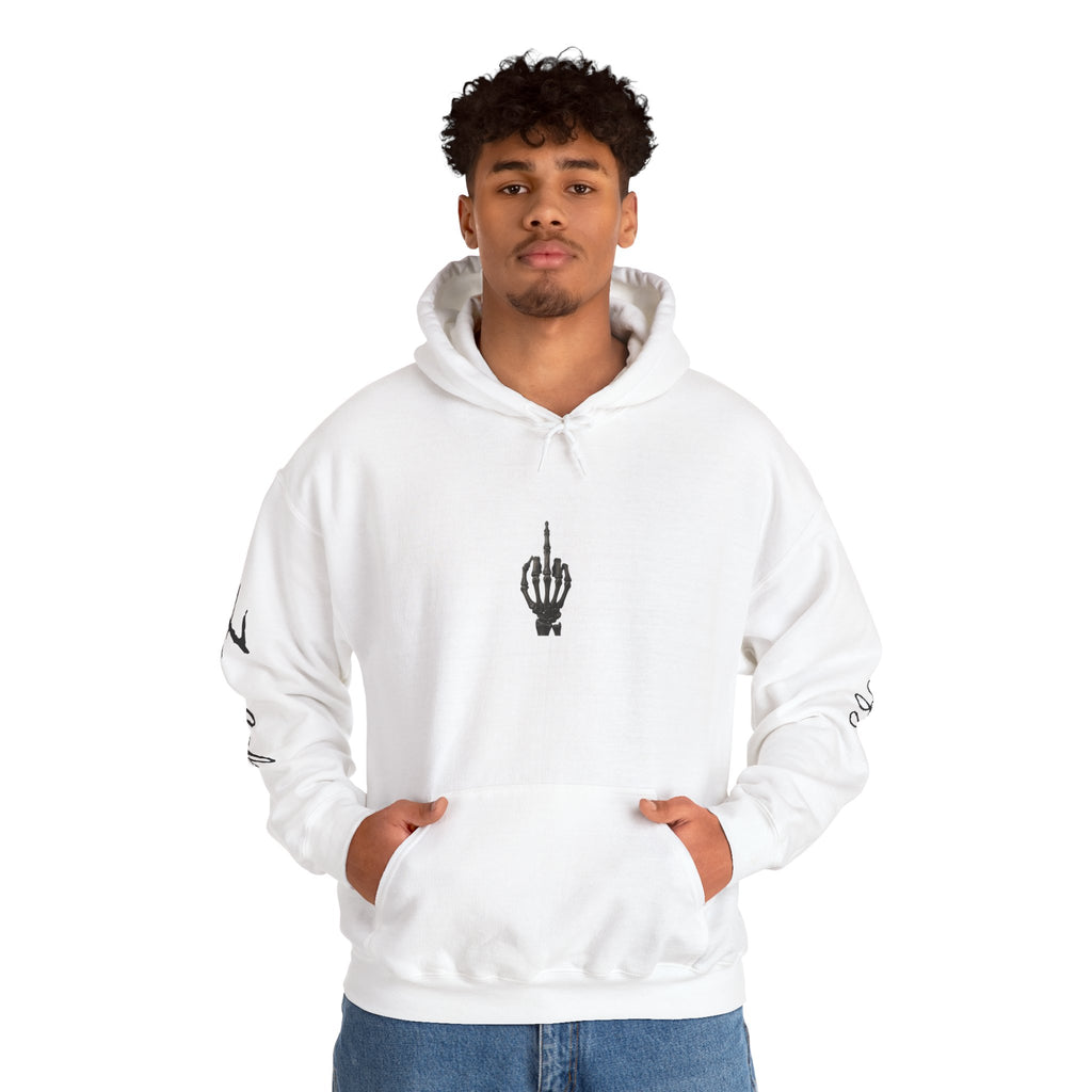Hoodie — Minimal Skeleton Hand Middle Finger Graphic with Script Sleeve