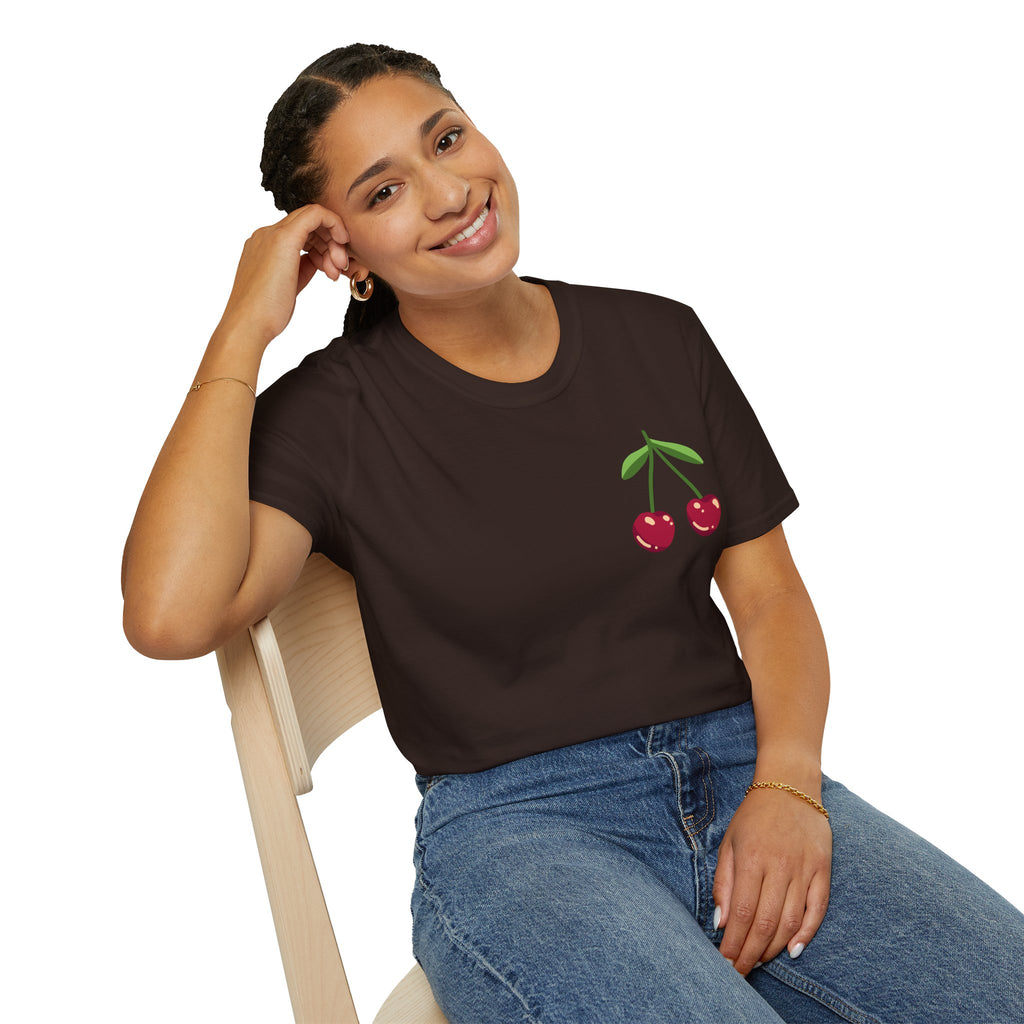 Cherry Graphic T-Shirt — Cute Minimalist Fruit Pocket Tee